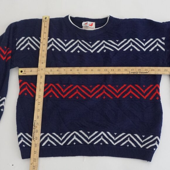 Vintage Tricot Boutique Blue Knit w Red White Design Crewneck Sweater L - Picture 4 of 9